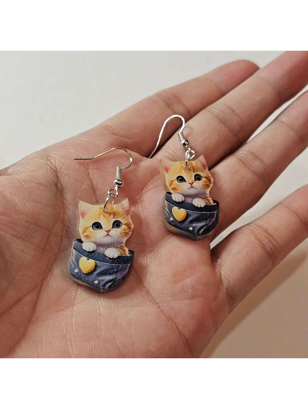 Orange Cat in Pocket Acrylic Dangle Earrings